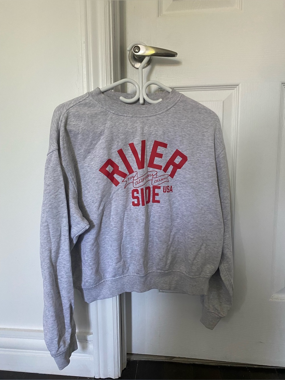 Divided Gray Crewneck Sweatshirt with Red 'RIVER SIDE' Logo
